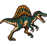 Pixel-art Spinosaurus mid-run